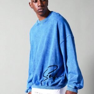 Oversized Fit Washed Sweatshirt With Embroidery - Blue