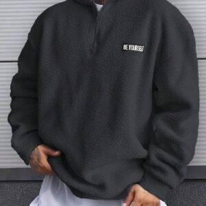 Homme Men Letter Patched Half Zip Oversize Teddy Sweatshirt - Dark Grey