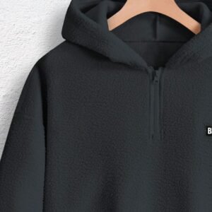 Homme Men Letter Patched Half Zip Oversize Teddy Sweatshirt - Dark Grey