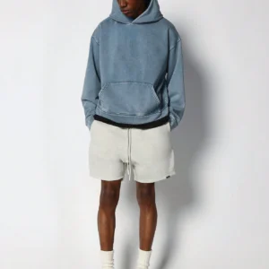 Oversized Washed Hoodie With Back Embroidery - Blue