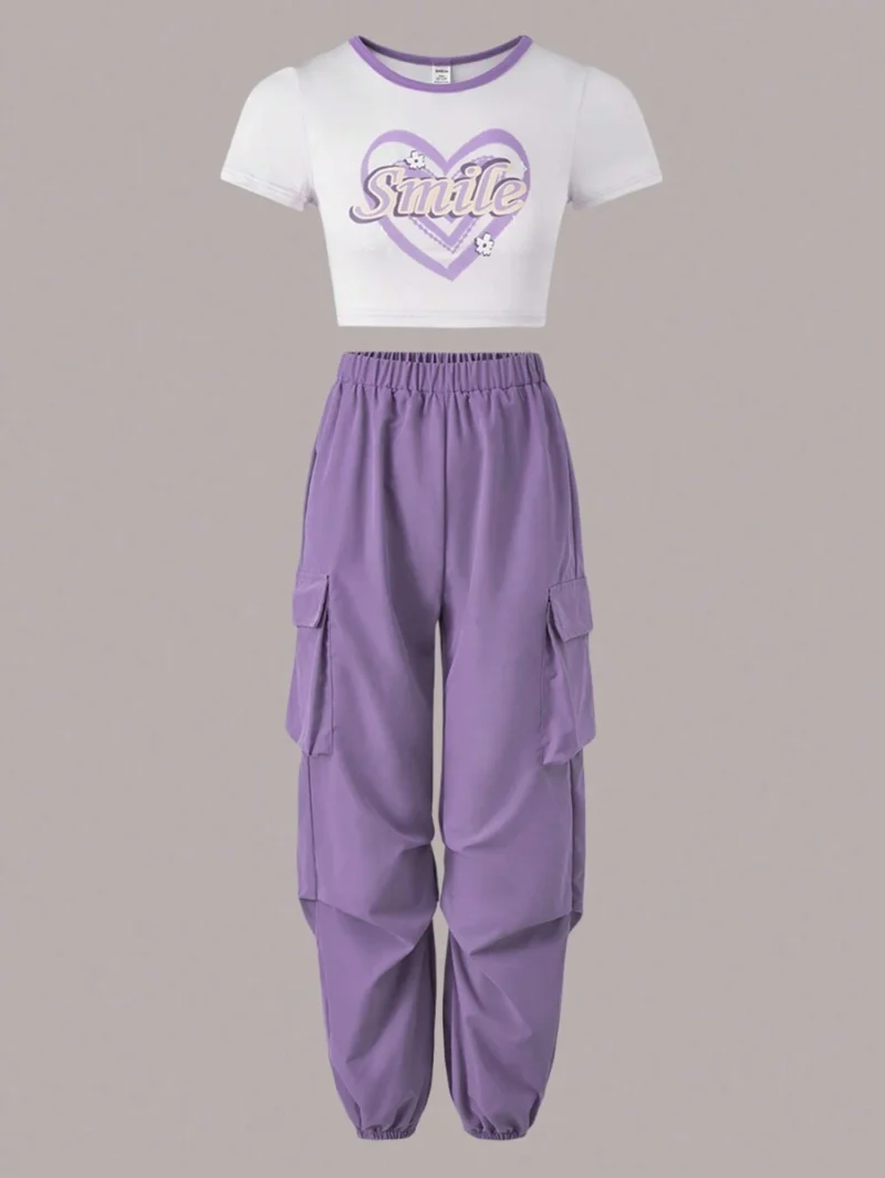 Heart & Letter Print Cargo Pants With Flap Pockets