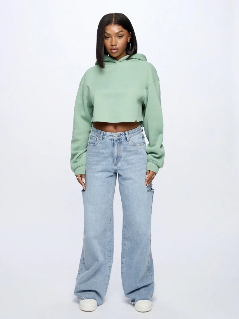 Cropped Hoodie Pullover Long Sleeve Loose Fit