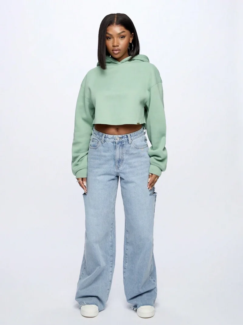 Cropped Hoodie Pullover Long Sleeve Loose Fit