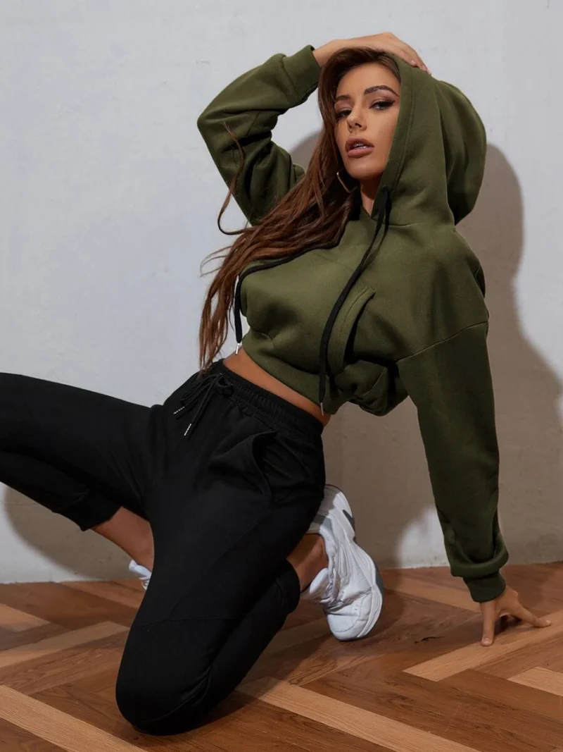 Drop Shoulder Crop Hoodie Long Sleeve Tops