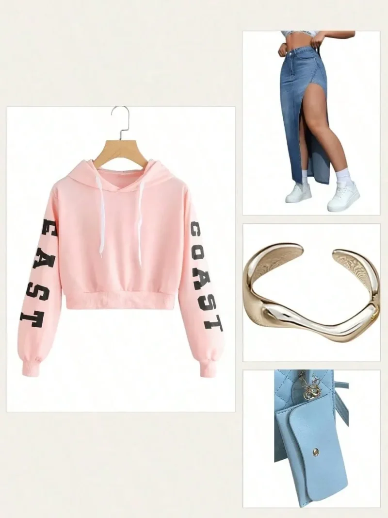East Coast Graphic Cropped Drawstring Hoodie