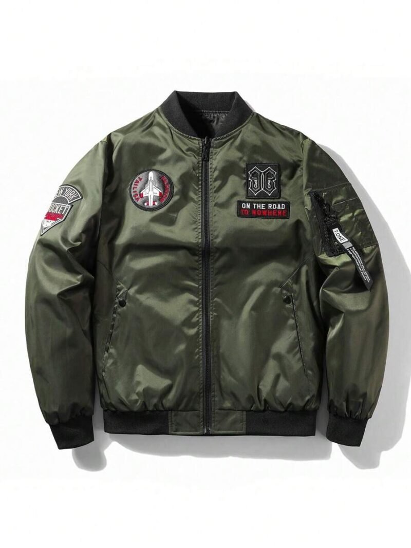 Reversible Letter Patched Zip Up Bomber Jacket