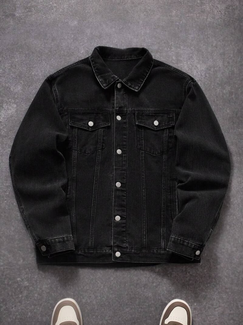 Black Washed Denim Jacket With Graffiti Letter Print
