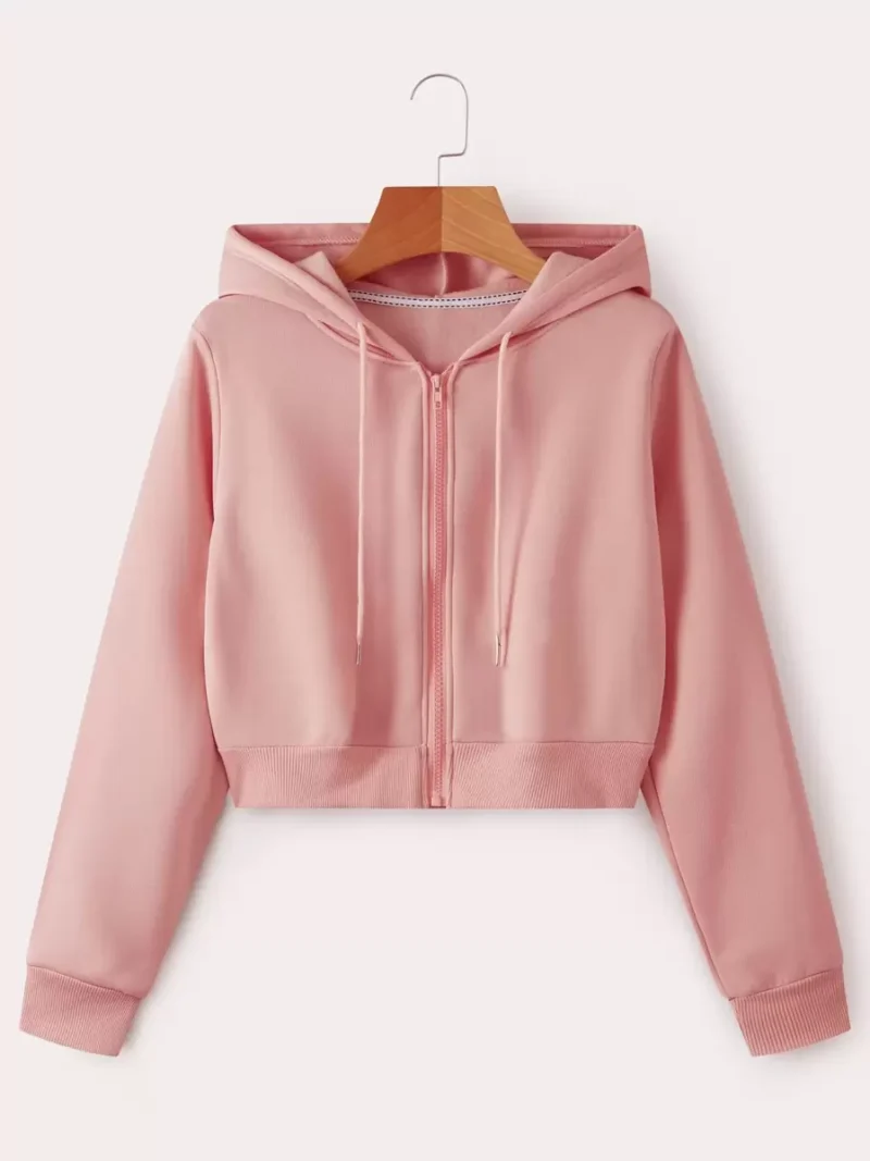 Zip Up Drawstring Crop Thermal Hoodie