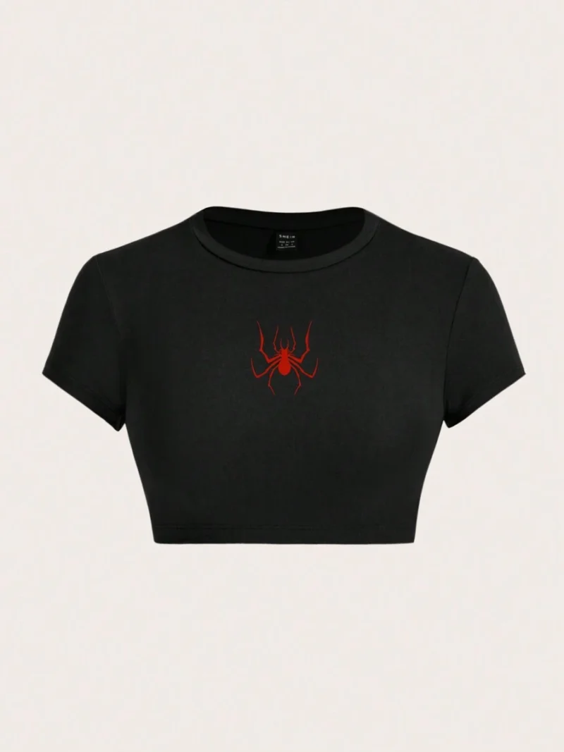 Casual Spiderweb Graphic Fitted Crop Top
