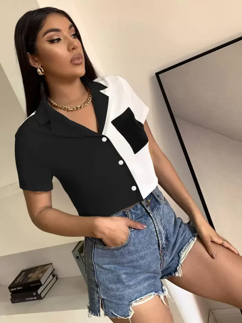 MATEO VaVaBold Patch Pocket Colorblock Crop Blouse