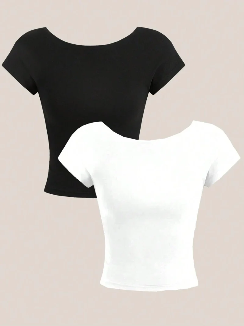 Round Neck Backless Short Sleeve Crop Top