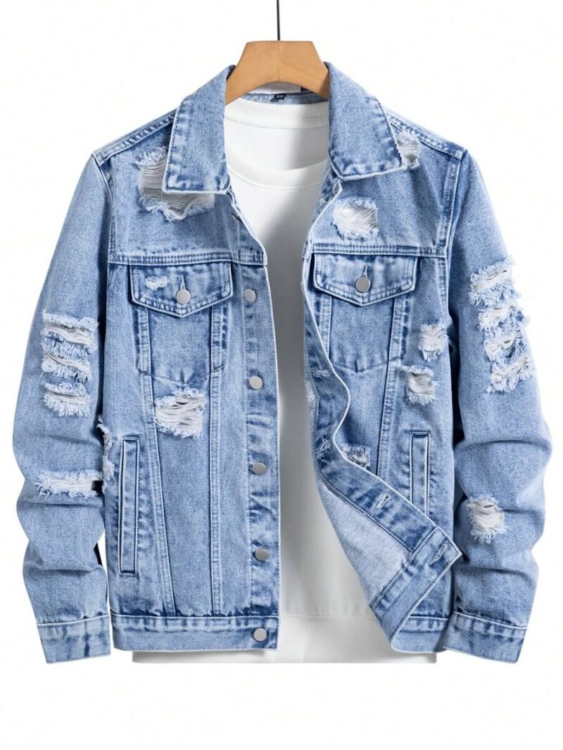 Distressed Pocket Front Button Casual Long Sleeve