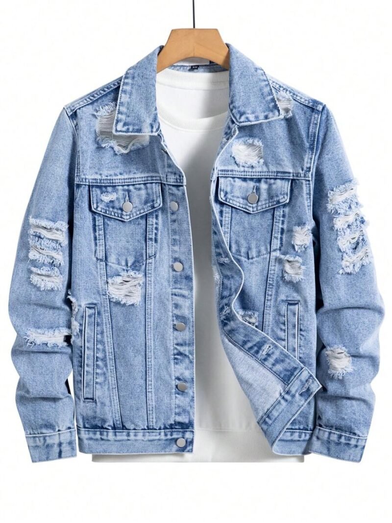 Distressed Pocket Front Button Casual Long Sleeve