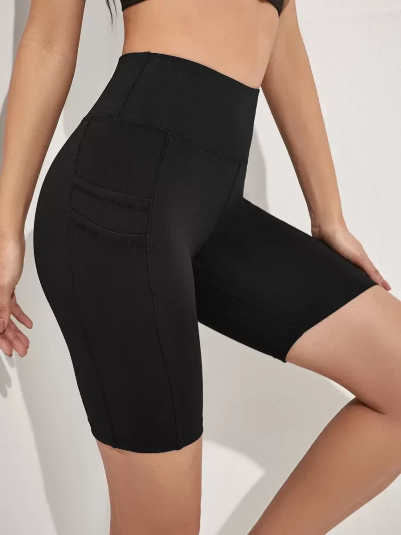 Solid Biker Shorts With Phone Pocket Stretchy Shorts