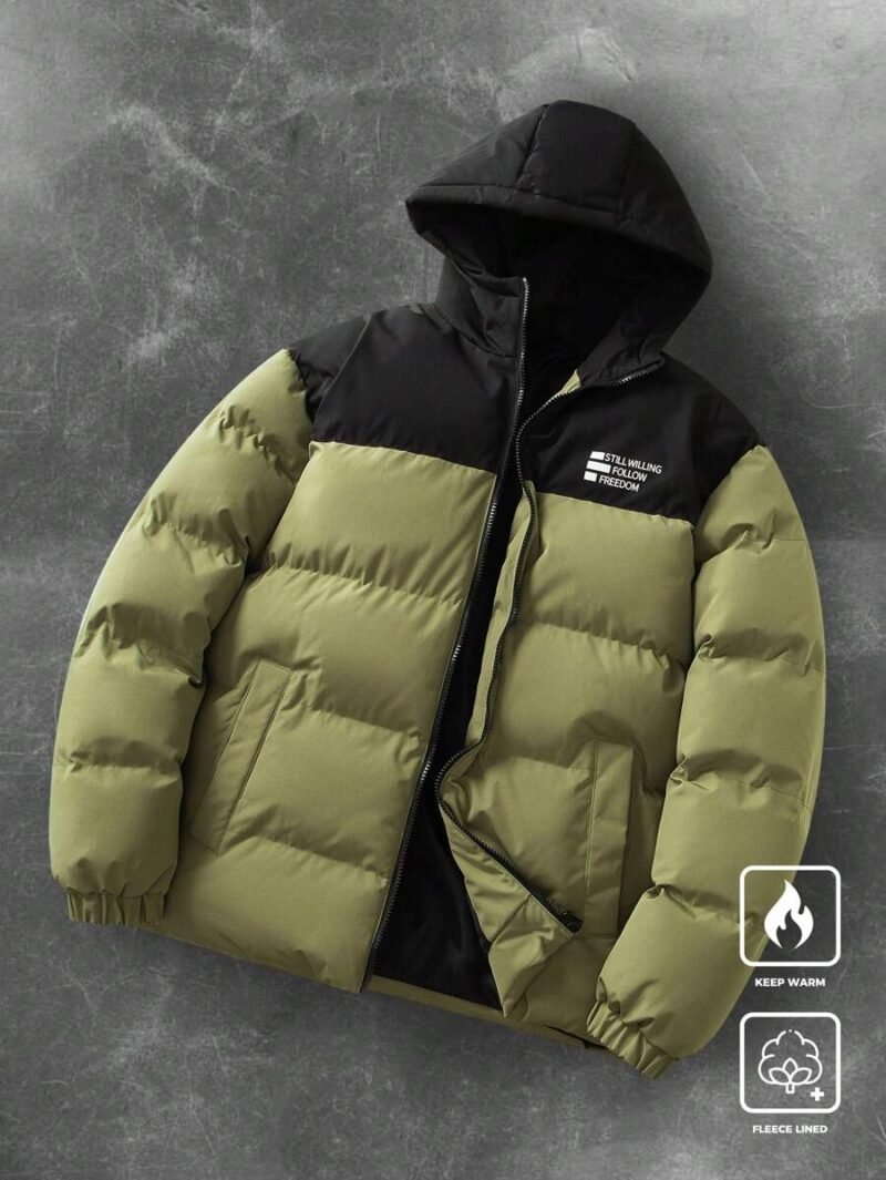 Casual Color Block Letter Print Hooded Padded