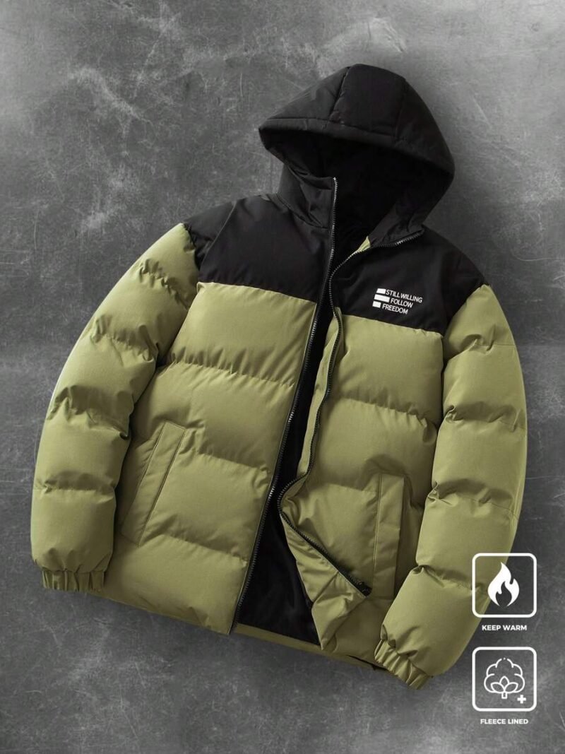 Casual Color Block Letter Print Hooded Padded