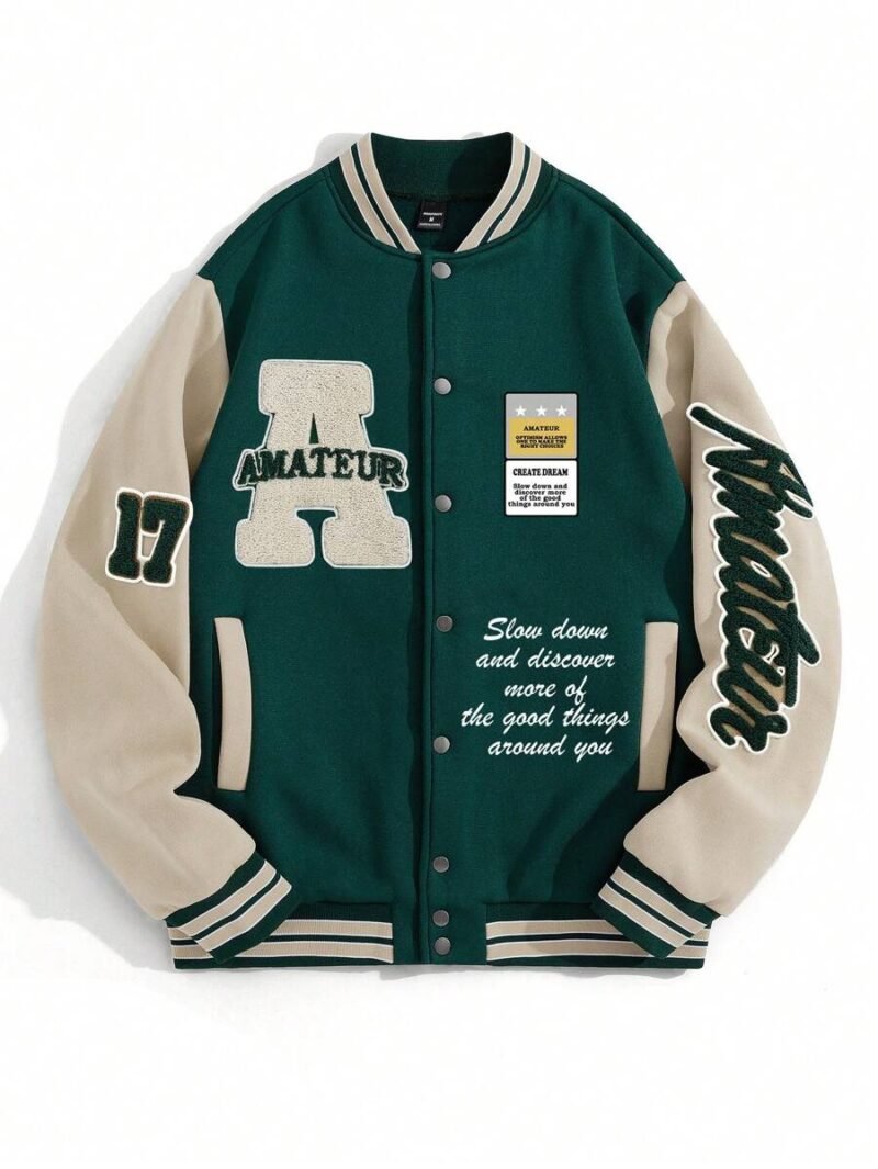 Letter Graphic Striped Trim Colorblock Varsity Jacket