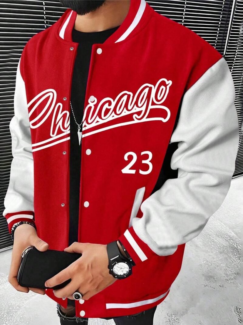 Letter Graphic Two Tone Varsity Baseball Jacket