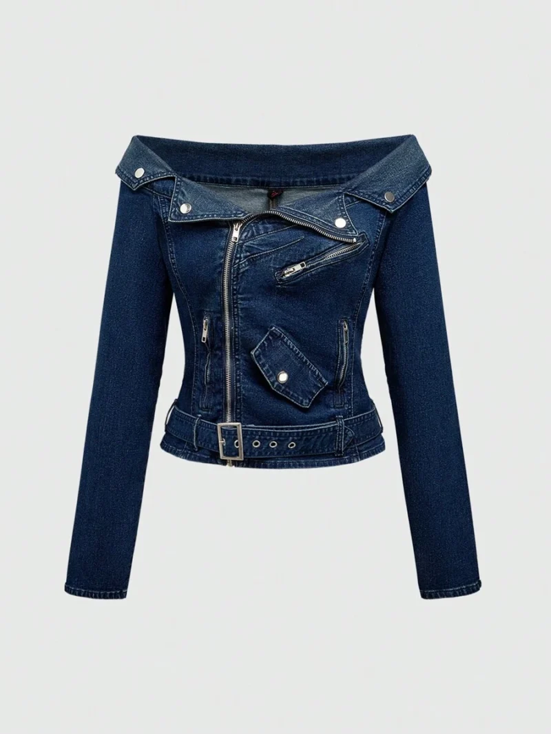 Off Shoulder Form Fitting Cropped Denim Moto Jacket