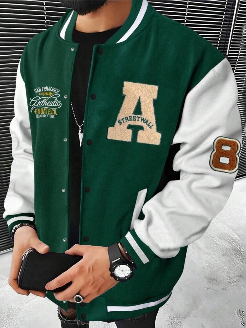 Letter Pattern Striped Trim Varsity Jacket