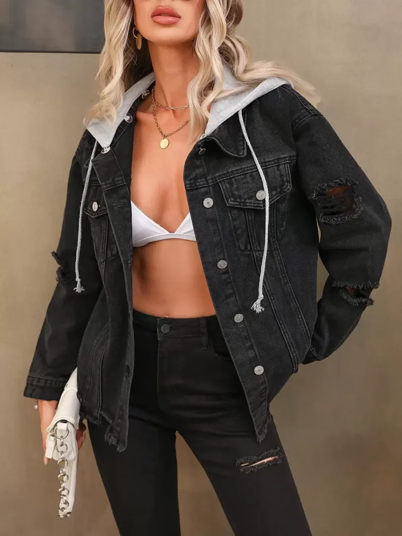 Ripped Drawstring Hooded Denim Jacket