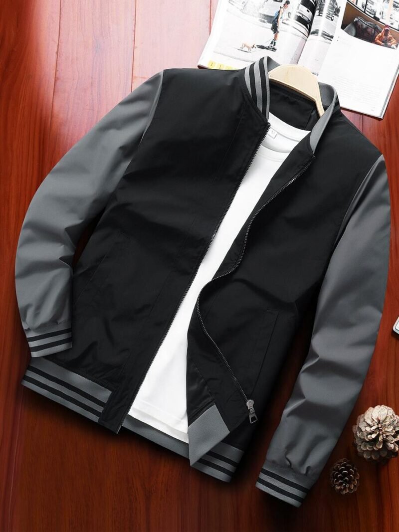 Loose Fit Colorblock Striped Trim Bomber Jacket