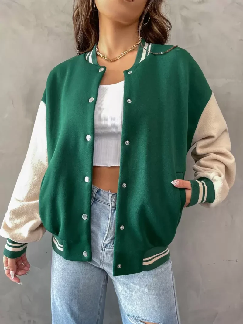 Letter Graphic Drop Shoulder Two Tone Varsity Jacket