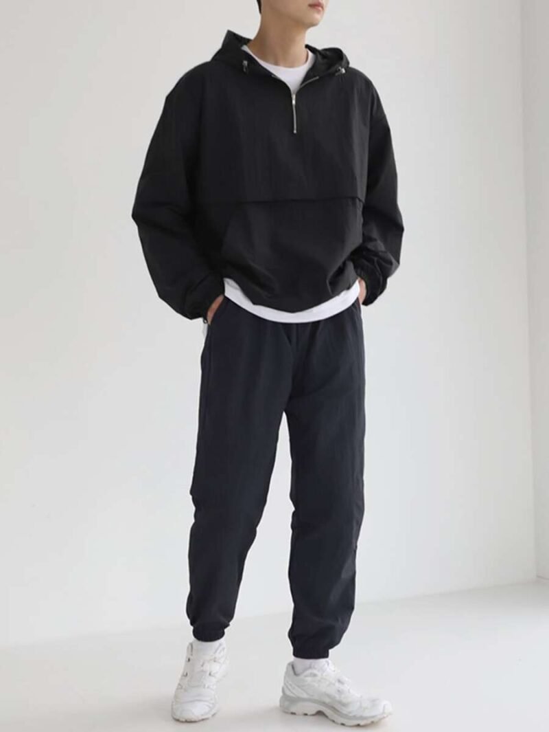 Half Zipper Drawstring Hem Hooded