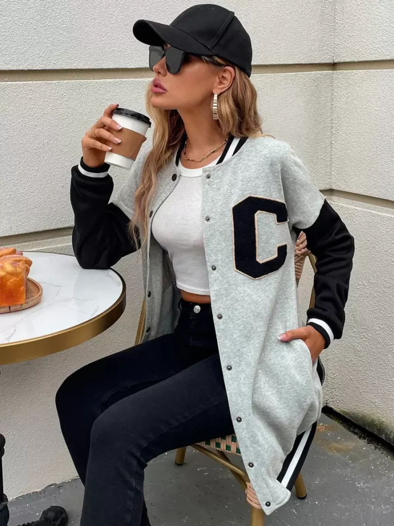 Letter Patched Colorblock Drop Shoulder Varsity Jacket