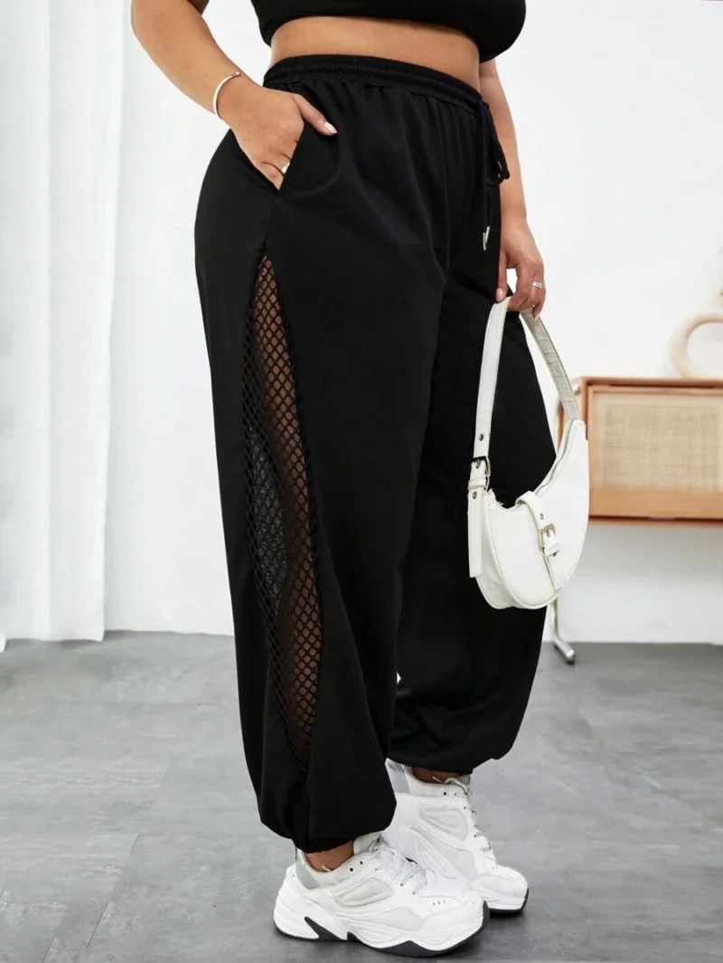 Drawstring Waist Fishnet Patchwork Baggy joggers