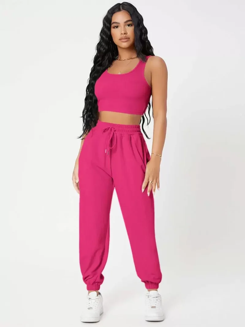 Solid Crop Tank Top And Joggers Set