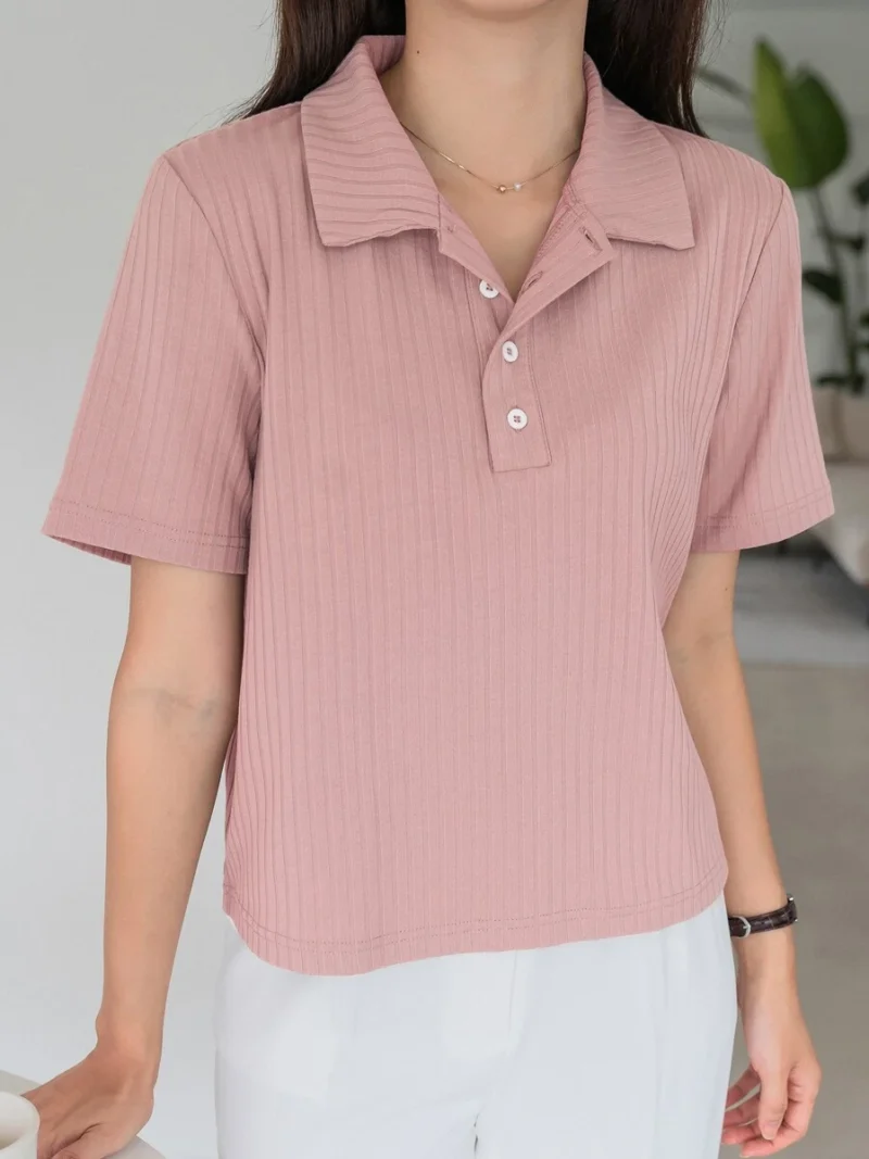 Polo Neck Ribbed Knit Tee