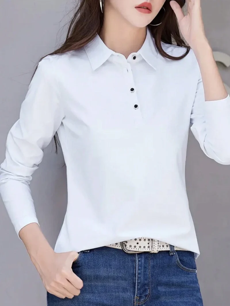 Solid Color Polo Collar Long Sleeve Casual T Shirt