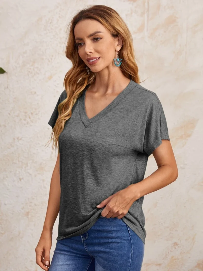 Solid Color V Neck Batwing Sleeve T Shirt
