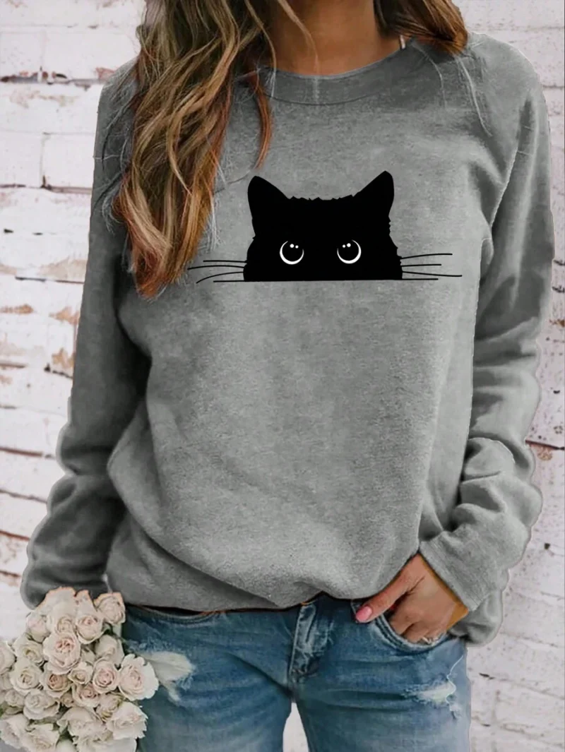 Cat Pattern Print Crew Neck Long Sleeve Casual T Shirt