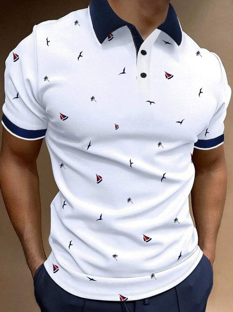 Allover Print Contrast Trim Half Button Collar