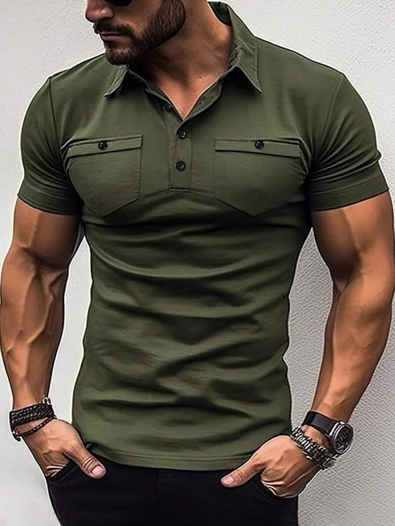 Flap PocketHalf Button Collar Plain Olive Green Work