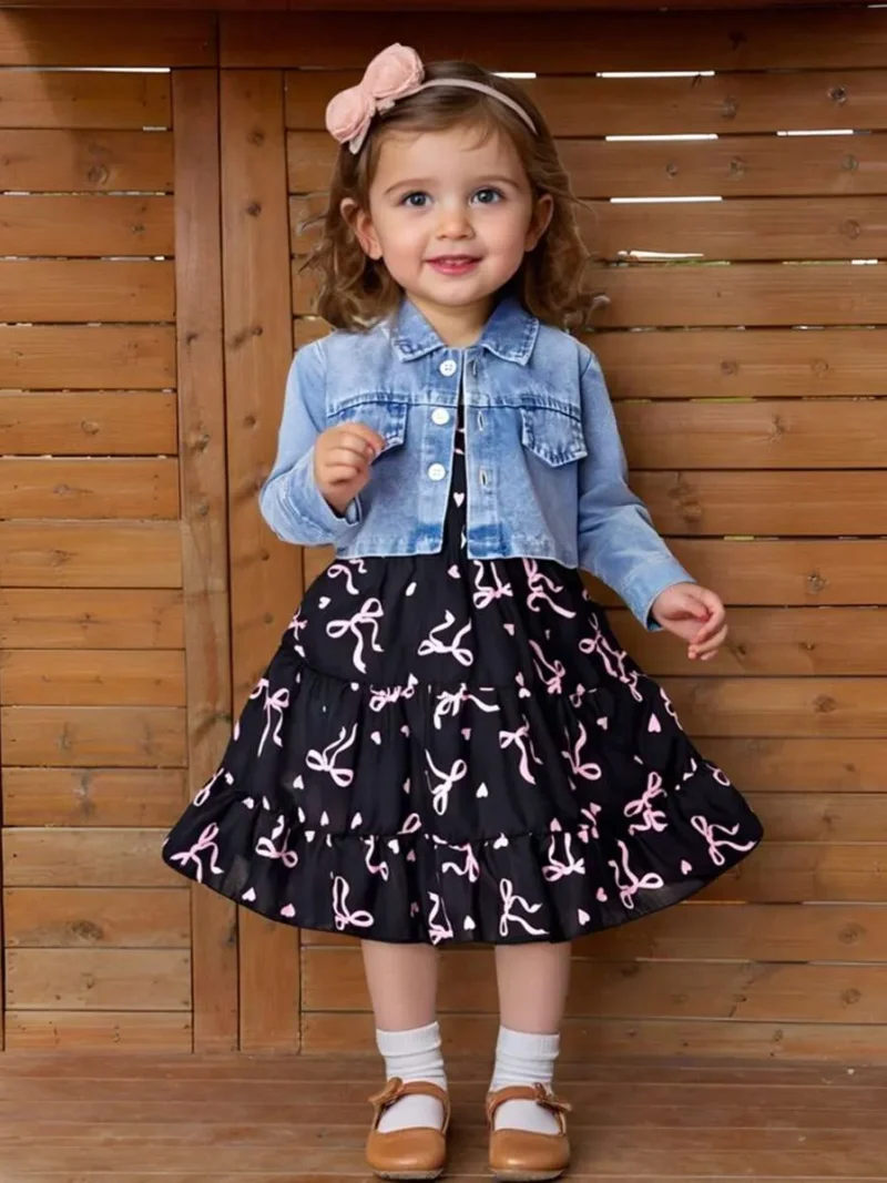 Denim Jacket & Butterfly Print Strap Dress Outfit