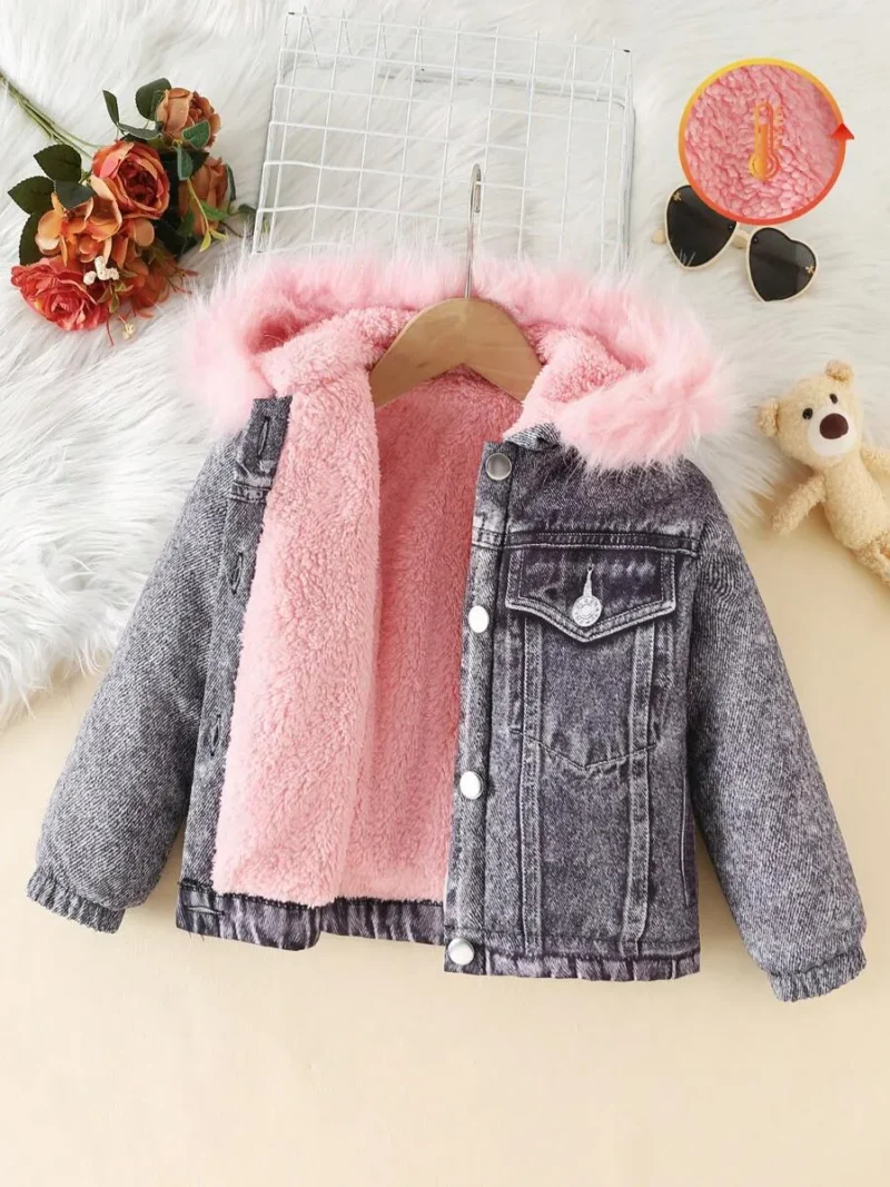 Fluffy Collar Drop Shoulder Denim Effect Thermal Lined Jacket
