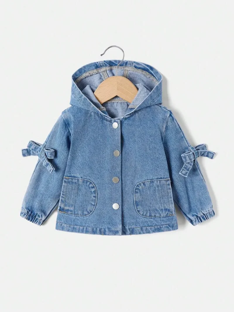 Hooded Jacket With Bow Decor & Denim Pattern