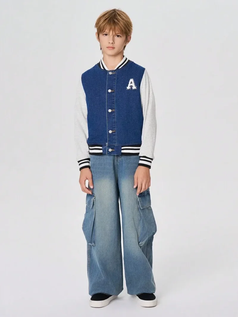 Letter Patched Striped Trim Colorblock Denim Varsity Jacket