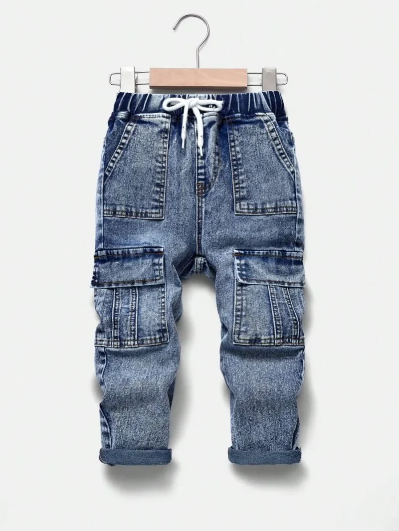 Casual Distressed Drawstring Waist Cargo Denim Jeans