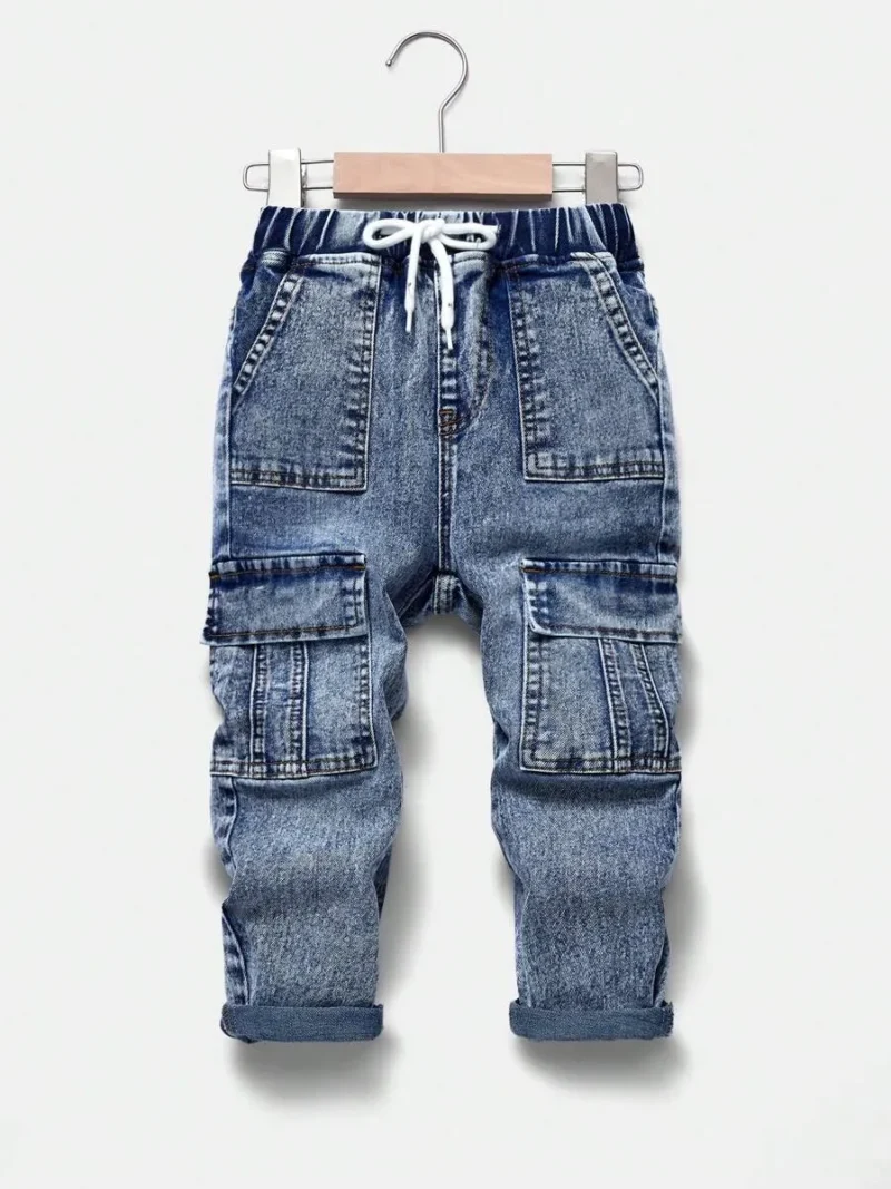 Casual Distressed Drawstring Waist Cargo Denim Jeans