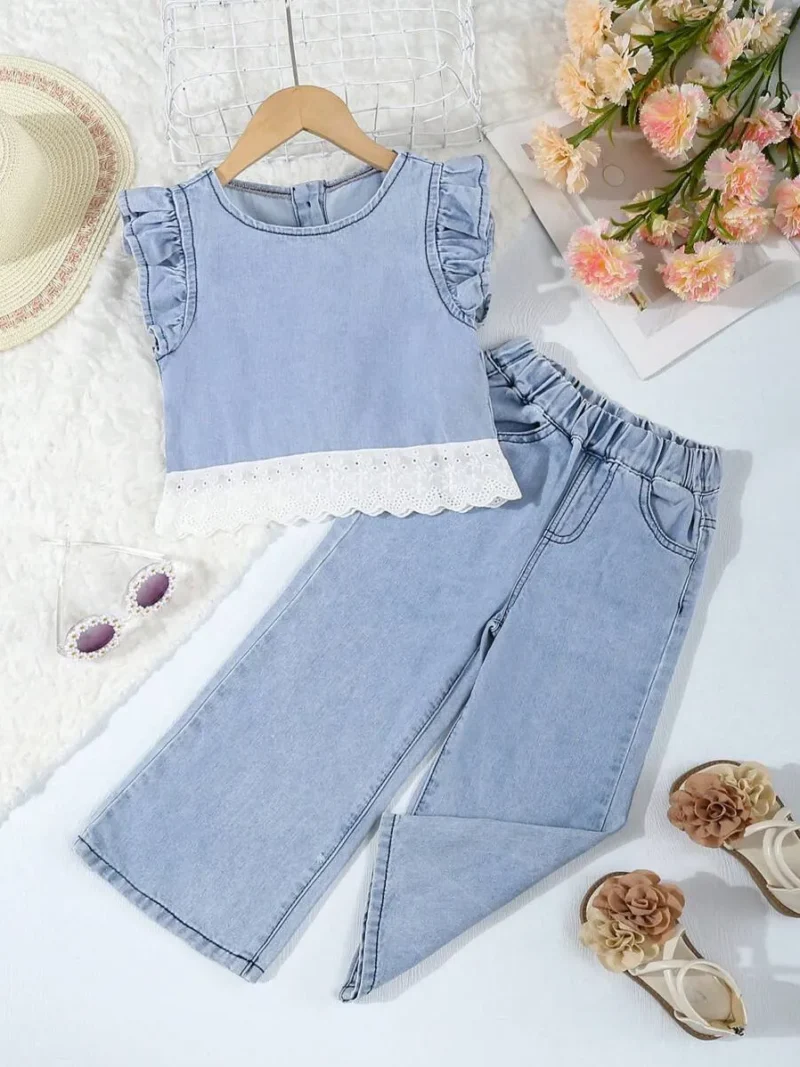 Denim Top And Wide Leg Denim Pants Set