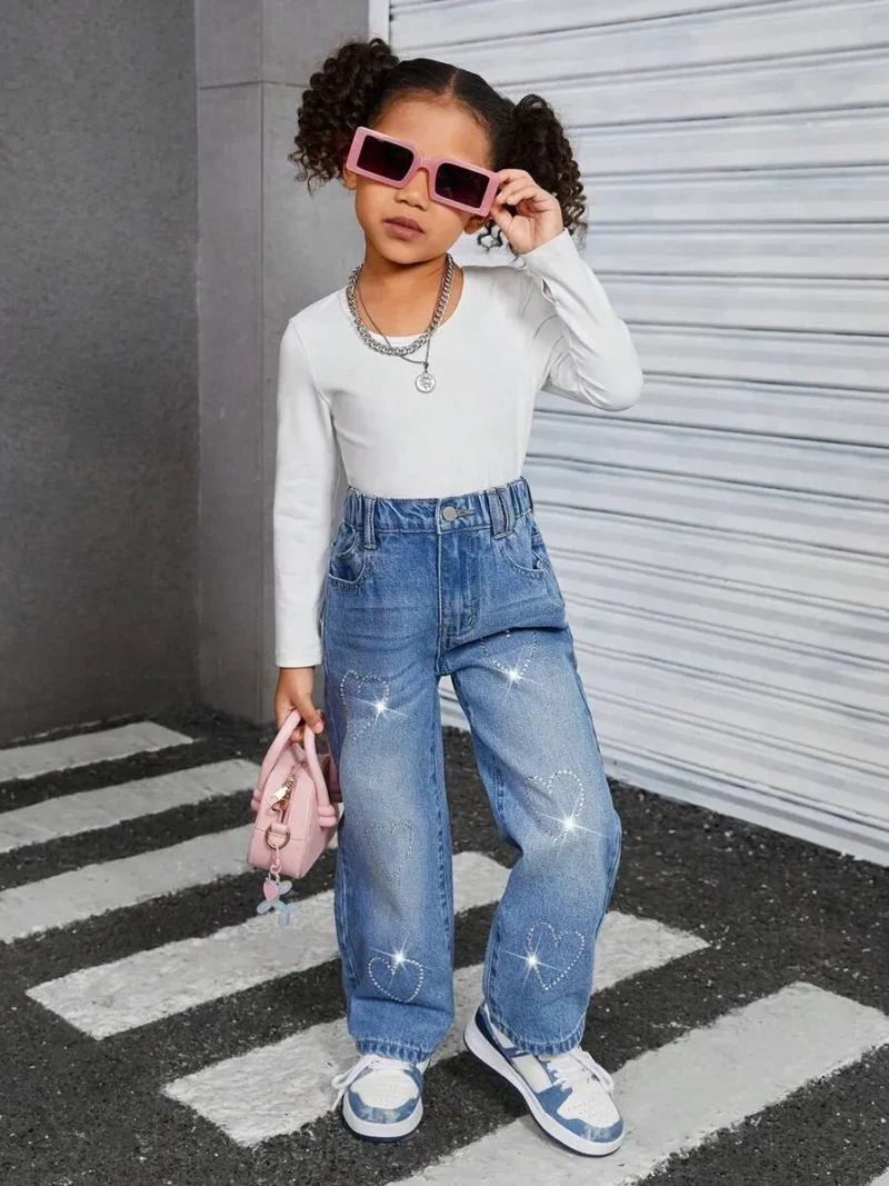Fashion Heart Crystal Decor Wide Leg Jeans