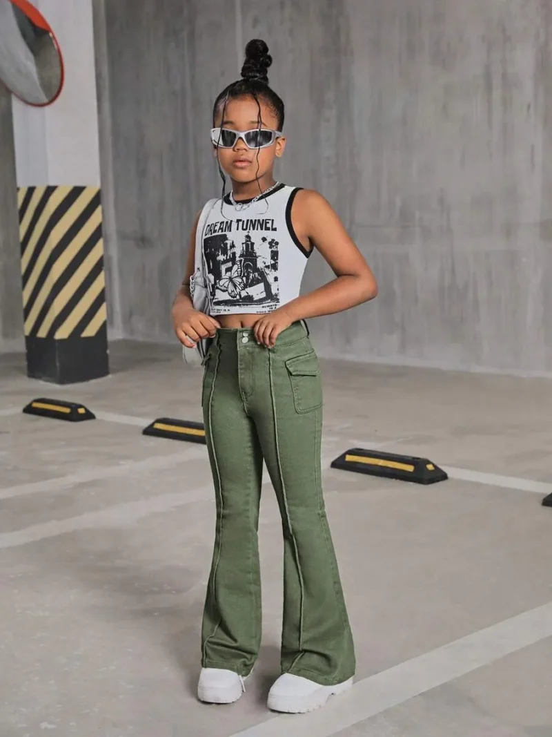 Grey Flap Detail Seam Detail Denim Flare Leg Jeans Pants