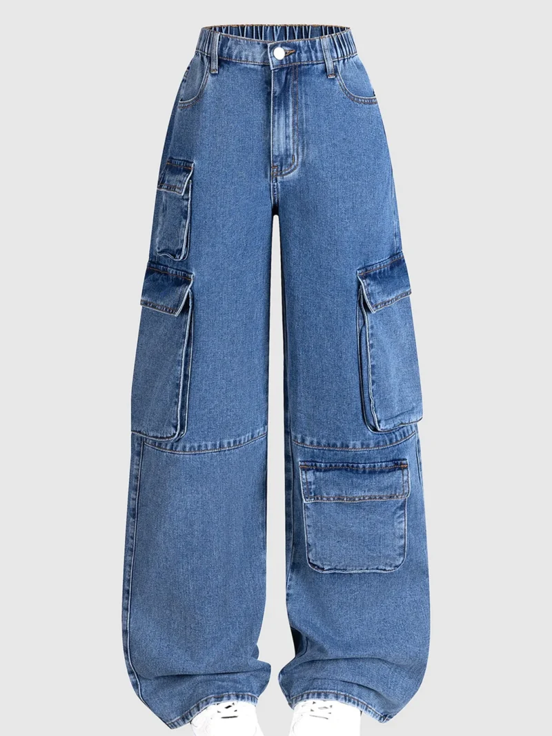 High Waist Multiple Pockets Blue Cargo Denim Jeans