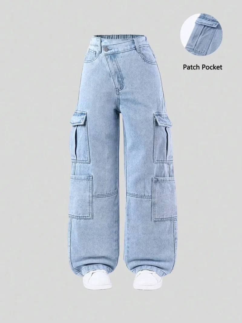 Streetwear Casual Multi Pocket Light Wash Denim Cargo Pants