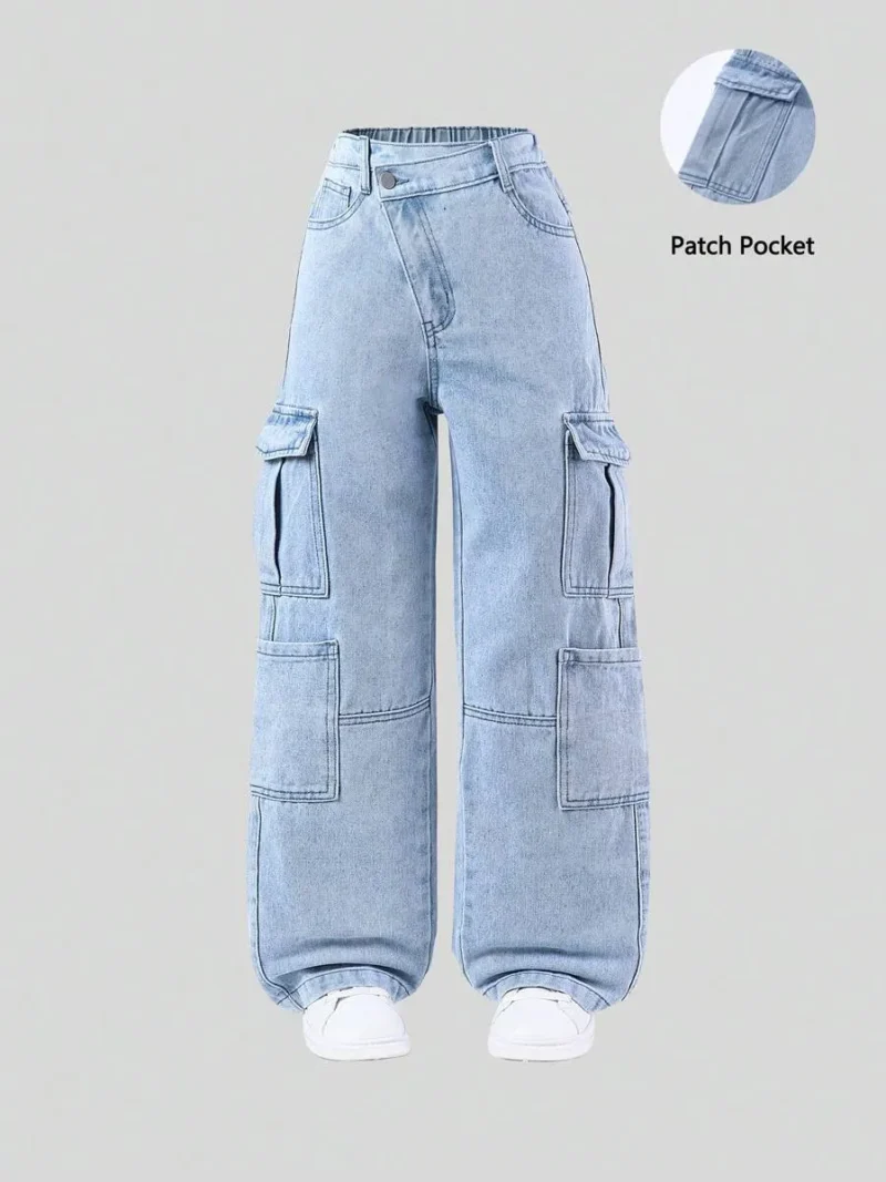 Streetwear Casual Multi Pocket Light Wash Denim Cargo Pants