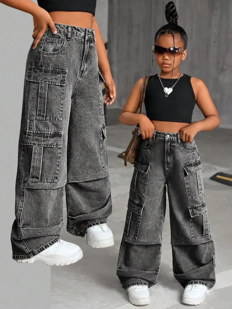 Vintage Washed Multi Pocket Distressed Cargo Jeans